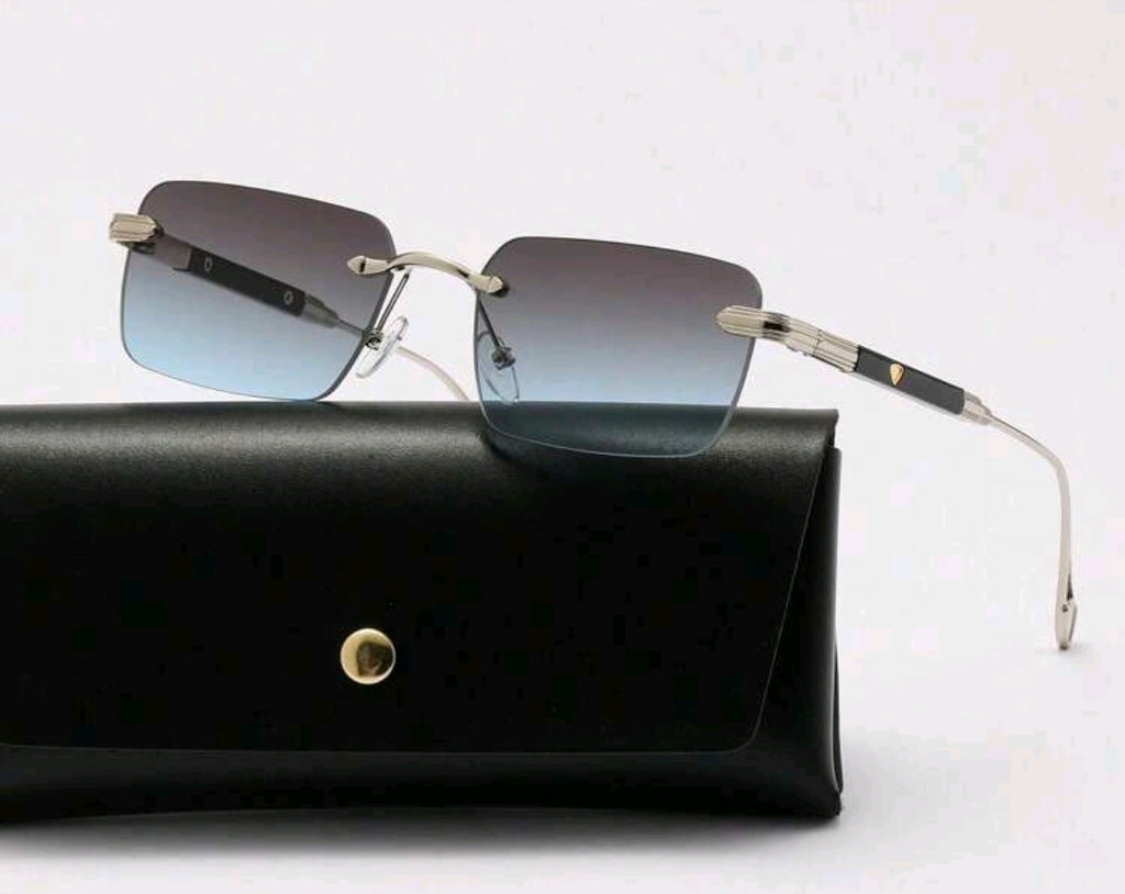 1pc Men's Summer Rimless Travel Sunglasses With Heart-Shaped Pattern, Metal Frame With Heavy Feel, Luxury Driving Fashion Glasses With Accessories (Free PU Glasses Case And Glasses Rope)