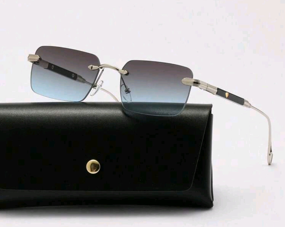 1pc Men's Summer Rimless Travel Sunglasses With Heart-Shaped Pattern, Metal Frame With Heavy Feel, Luxury Driving Fashion Glasses With Accessories (Free PU Glasses Case And Glasses Rope)